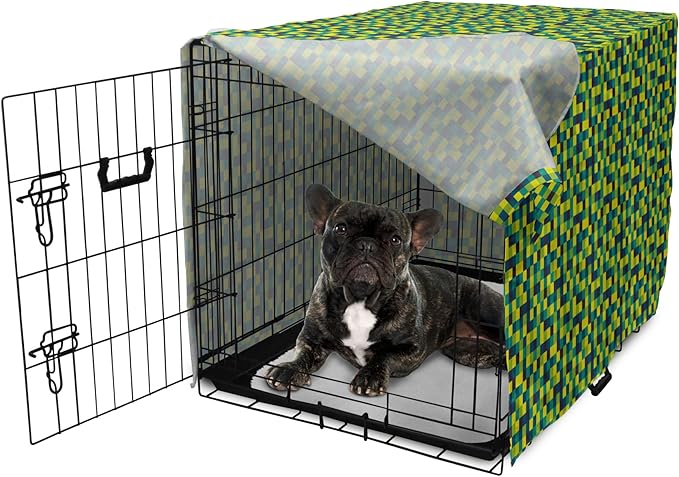 Lunarable Yellow and Blue Dog Crate Cover, Vivid Colored Squares Funky Simple Retro Style Grid Tile, Easy to Use Pet Kennel Cover for Cats & Medium Dogs, 24 Inch, Petrol Blue Lime Green