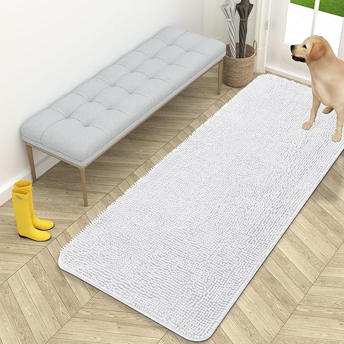 OLANLY Dog Door Mat for Muddy Paws 59x24, Absorbs Moisture and Dirt, Absorbent Non-Slip Washable Mat, Quick Dry Chenille, Mud Mat for Dogs, Entry Indoor Door Mat for Inside Floor, White