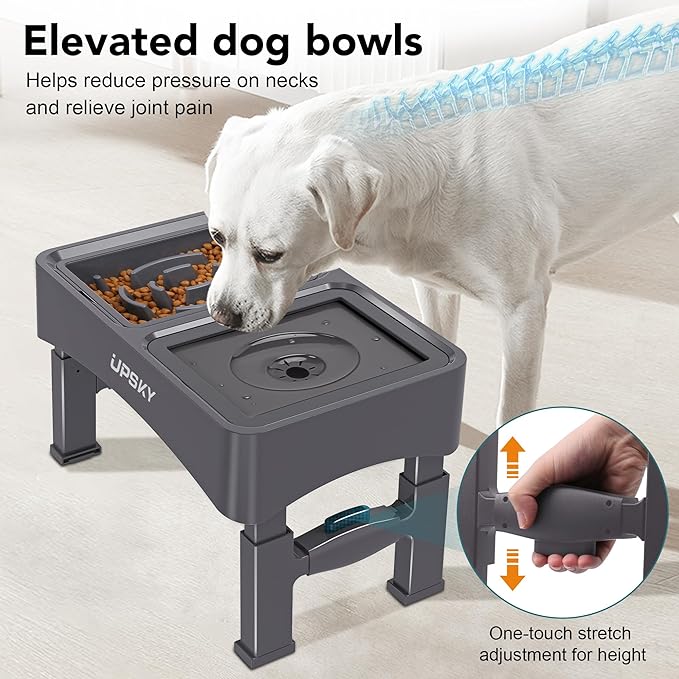 UPSKY 2-in-1 Elevated Dog Bowls Slow Feeder, 4 Height Adjustable Raised Bowl Stand, No Spill Water Dispenser, Anti-Slip Food and Water Bowl for Small Medium Dogs