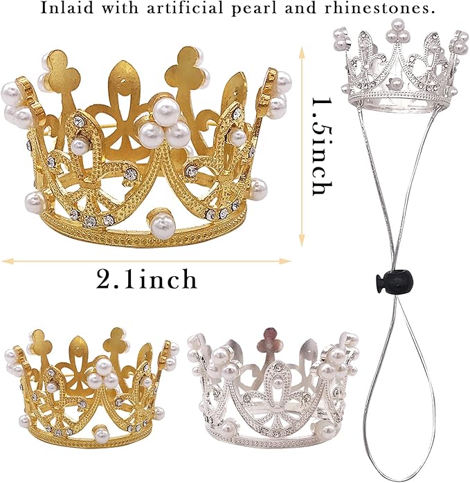 PET SHOW 2pcs Small Dog Crown Headband Puppies Rabbit Cat Hat for Birthday Party Silver Gold Rhinestone Faux Pearl Crown for Boy Girl Wedding Hair Accessories Photo Prop Costume