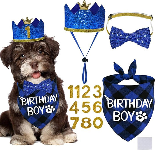 STMK Dog Birthday Party Supplies, Multi Size Dog Birthday Hat with Numbers Bandana Bow Tie for Small Dogs Pets (Blue, Small)