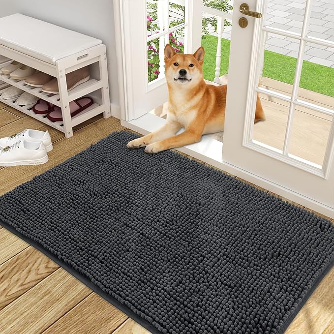 OLANLY Dog Door Mat for Muddy Paws 48x30, Absorbs Moisture and Dirt, Absorbent Non-Slip Washable Mat, Quick Dry Chenille, Mud Mat for Dogs, Entry Indoor Door Mat for Inside Floor, Dark Grey