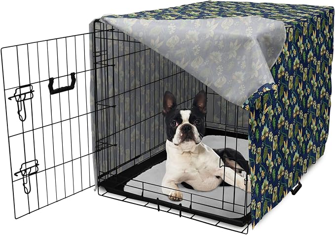 Lunarable Jacobean Dog Crate Cover, Triangles with Floral Pattern Stalks Leaves Flowers Whimsical Nature, Easy to Use Pet Kennel Cover for Small Dogs Puppies Kittens, 22 Inch, Dark Blue Green Mustard