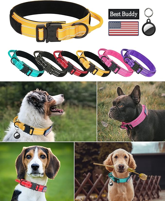 AUBELL Reflective Dog Collar, Tactical Dog Collar Military Dog Collar Adjustable Nylon Dog Collar with Handle and Quick Release Buckle for Medium Large Dogs, with Airtag Case and 2 Patches(Yellow, M)