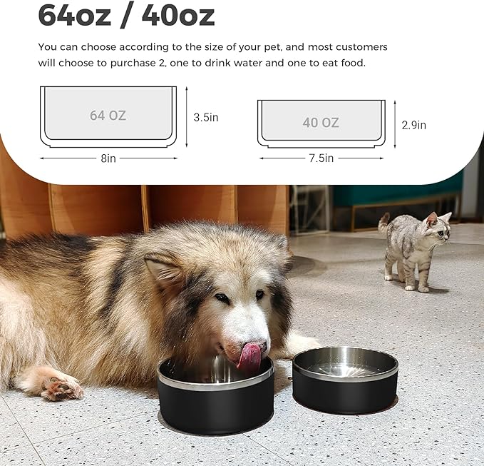 Dog Bowl, Stainless Steel Dog Food and Water Bowl with Non Slip Quiet Bottom, Easy to Clean, Dishwasher Safe, 40oz, Black