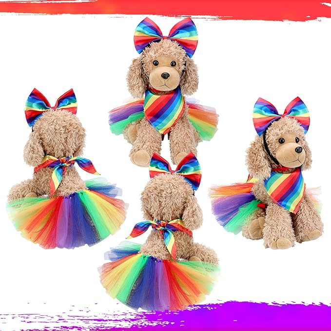 Amylove Dog Rainbow Bandana 3 Pcs Gay Pride Pet Costume Set Includes Bowknot Rainbow Headband Handkerchief and Cute Dog Tutu Pride Accessories for Small Medium Pets Dress Party