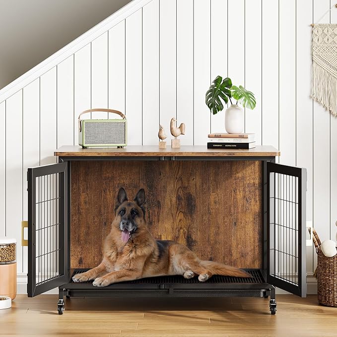 37.5 Inch Wooden Dog Crate with Wheels - Furniture Style Pet Kennel for Small to Medium Dogs Up to 66 Lbs - Multi-Purpose Removable Tray, Decorative Indoor Dog House, Sturdy & Stylish Design