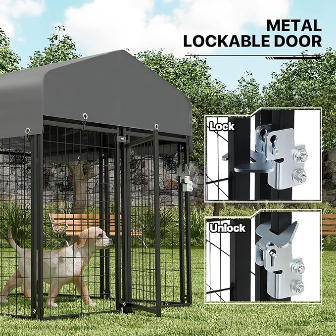 MoNiBloom Outdoor Dog Kennels for Small/Medium Dogs, Weatherproof Dog Pen Run with Cover and Rotating Feeding Door, 4.6ft High Expandable Dog Playpen for Outside Yard, 8 Panels with Powder Coating