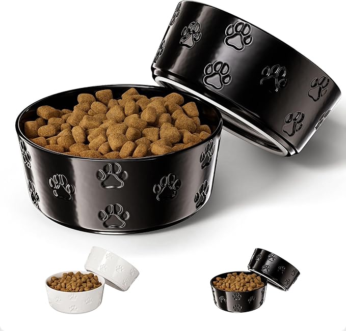 Ceramic Dog Bowl Set of 2 with Anti-Skid Base - 6.5" Wide x 2.5" Tall Ceramic Dog Bowls Medium Sized Dogs - 3 Cup Capacity Food and Water Bowls for Dogs - Rubber Bottom Pet Bowl Set of 2 Medium Size