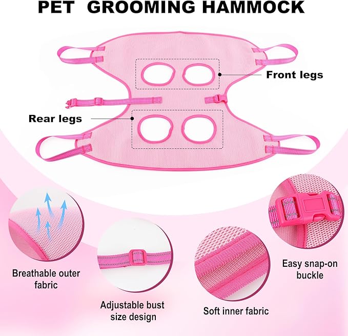 Dog Grooming Hammock - Breathable Pet Grooming Hammock for Small Dogs& Cats, Adjustable Dog Sling Harness with Nail Clippers& Nail File (Pink, X-Small)