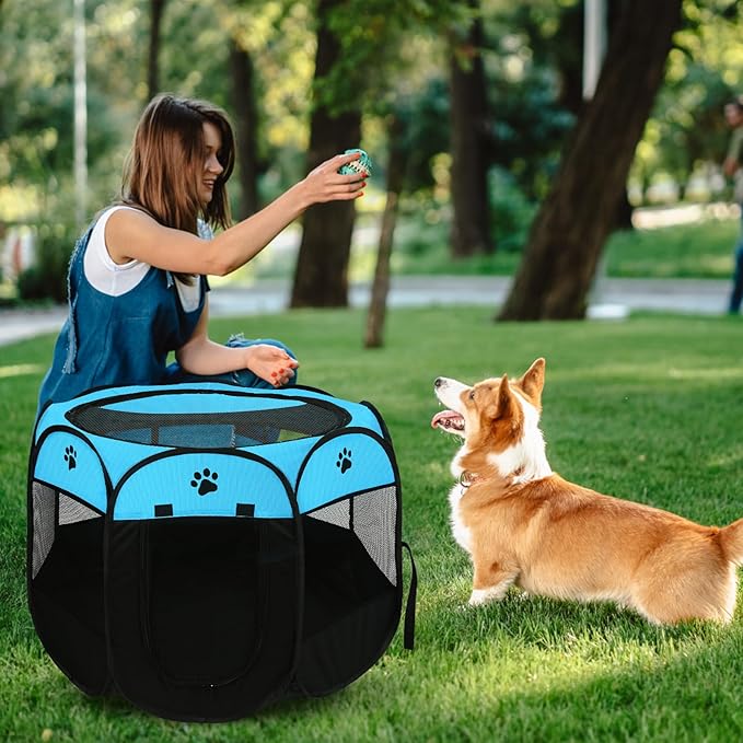 Pet Cat Playpen for Indoor Cats Enclosed, Portable Foldable Dog Playpen Outdoor with Zipper Top Cover Door for Dogs, Cats, Small Animals(M 35" * 35" * 24", Blue)