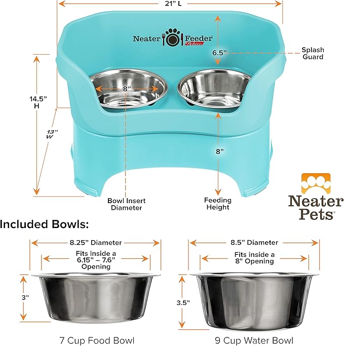 Neater Feeder Deluxe Mess Proof Dog Bowls Elevated for Large Breed – Made in USA – No Spill Raised Dog Food Bowl Stand – Stainless Steel Food and Water Bowl Set, Pet Dish Feeding Station, Aquamarine