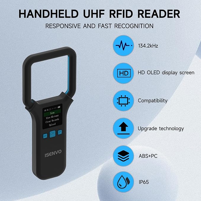 AR190E Bluethooth Pet Microchip Scanner, Wireless Handheld RFID Animal Reader, 134.2kHz Pet Chip Scanner with OLED Display Animal Tag Reader EMID FDX-B(ISO11784/11785)