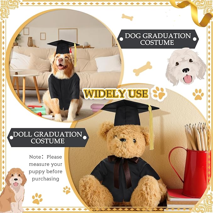 Xuniea 2 Pcs Dog Graduation Costume Set 2025 Dog Graduation Cap and Gown Puppy Hat with Tassel Matte Pet Grad Outfit Cats Grad Bear Holiday Party Costume Accessory(Black,Small)