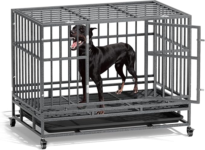 MoNiBloom Heavy Duty Dog Indestructible Crate with Lockable Wheels, Escape Proof Dog Kennel with Double-Door, Chew-Proof Pet Cage Indoor for Medium Dogs