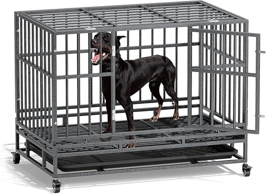 MoNiBloom Heavy Duty Dog Indestructible Crate with Lockable Wheels, Escape Proof Dog Kennel with Double-Door, Chew-Proof Pet Cage Indoor for Medium Dogs