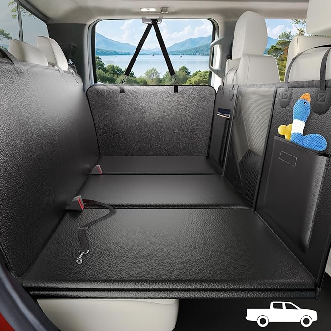 Back Seat Extender for Dogs Truck-Upgraded PU Leather-Truck Dog Seat Cover Back Seat Hard Bottom 400lbs, Anti-Scratch Pet Seat Covers for Trucks, Waterproof Backseat Dog Hammock for Truck
