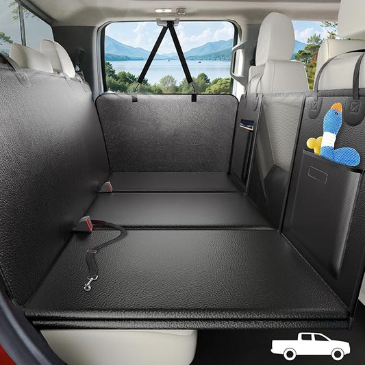 Back Seat Extender for Dogs Truck-Upgraded PU Leather-Truck Dog Seat Cover Back Seat Hard Bottom 400lbs, Anti-Scratch Pet Seat Covers for Trucks, Waterproof Backseat Dog Hammock for Truck