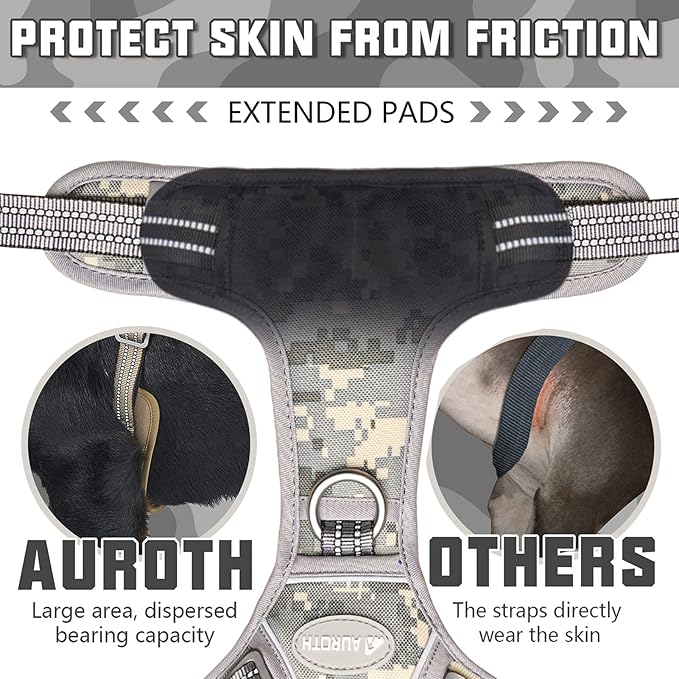 Auroth Tactical Dog Harness for Small Medium Large Dogs No Pull Adjustable Pet Harness Reflective K9 Working Training Easy Control Pet Vest Military Service Dog Harnesses XL Grey Camo