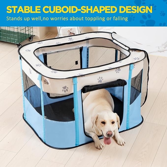 Avont Portable Dog Cat Playpen, Foldable Pop Up Pet Play Pen Travel Crate with Floor and Mesh Door Top for Indoor Outdoor Collapsible Tent Cage -M, Blue