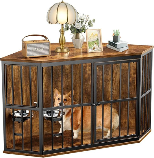 Medium Dog Crate Furniture, 42” Heavy Duty Corner Dog Crate with 2 Stainless Steel Bowls, Dog Kennel Furniture Style House, Wooden Decorative Pet House End Side Table, Chew-Resistant, Rustic