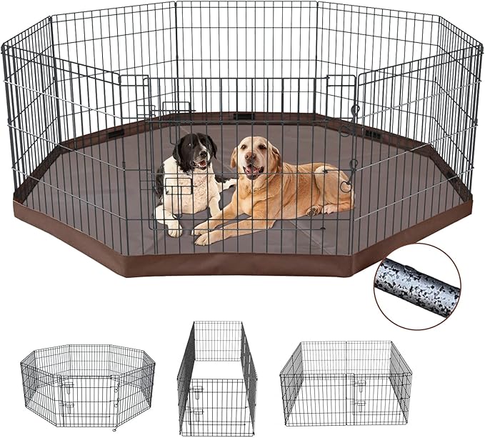 NEZUC Foldable Metal Dog Exercise Playpen Gate Fence Dog Crate 8 Panels 24 Inch Height Puppy Kennels with Bottom Pad for Animals Outdoor Indoor (with Bottom pad, 8 Panels 24" H)