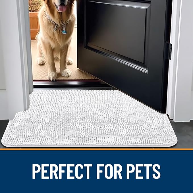 OLANLY Dog Door Mat for Muddy Paws 36x24, Absorbs Moisture and Dirt, Absorbent Non-Slip Washable Mat, Quick Dry Chenille, Mud Mat for Dogs, Entry Indoor Door Mat for Inside Floor, White
