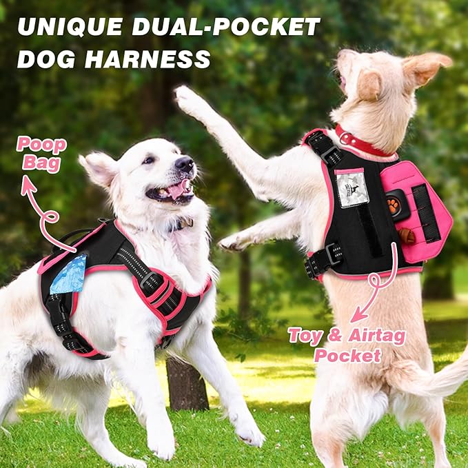 WINGOIN Tactical Dog Harness for Small Dogs, No Pull Harness with Handle Pockets Poop Bag, Reflective Dog Vest, Military Service Heavy Duty Big Dog Harness for Walking Hiking Training, Black Pink, S