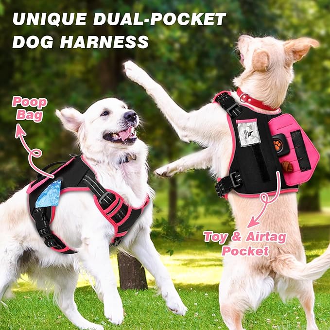 WINGOIN Tactical Dog Harness for Extra Large Dogs, No Pull Harness with Handle Pockets Poop Bag, Reflective Dog Vest, Military Heavy Duty Big Dog Harness for Walking Hiking Training, Black Pink, XL
