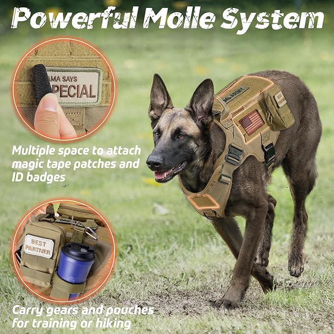 rabbitgoo Tactical Dog Harness for Large Dogs, Heavy Duty Dog Harness with Handle, No-Pull Service Dog Vest Large Breed, Adjustable Military Dog Vest Harness for Training Hunting Walking, Brown, L