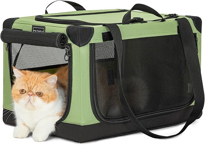 Petsfit Cat Crate - 20 Inch Lightweight, Easy Setup, Sturdy Portable, Adjustable Framework with 3 Mesh Door, Collapsible Dog Crate, Small Cat Kennel, Green 20inch