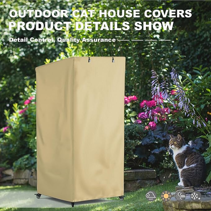 Outdoor Cat House Cover, Extremely Waterproof Feral Cattery Cat Cover, Cat Enclosure Cover, Large Cat Cage Condo/Cat House Cover - 32" L x 32" W x 71" H，Khaki (Cover only)