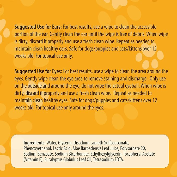 HealthSmart Ear & Eye Wipes for Dogs & Cats, Puppy & Kitty Essentials, Gently Formulated, Removes Debris Around Ears & Eyes, 100 Count, Travel Size