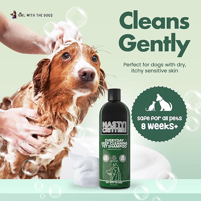 Fluff Off! by Girl With The Dogs, Natural Deshedding Dog & Cat Conditioner 16 Oz and Nasty Critter! Everyday Deep Cleaning Dog Shampoo 16 Oz