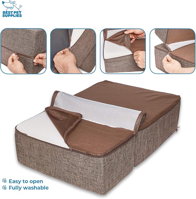 Best Pet Supplies Portable Foldable Foam Pet Stairs/Steps for Couch, Sofa, and High Bed, Non-Slip Bottom Balanced Paw Safe - Brown Linen, Foldable 2-Step (H: 12")