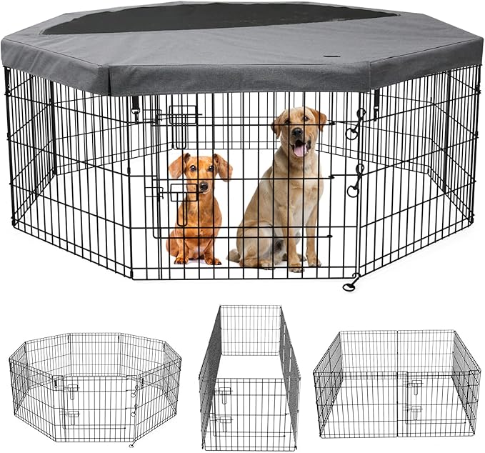 PETIME Foldable Metal Dog Exercise Pen/Pet Puppy Playpen Kennels Yard Fence Indoor/Outdoor 8 Panel 24" W x 24" H with Top Cover (with top Cover, 8 Panels 24" H)