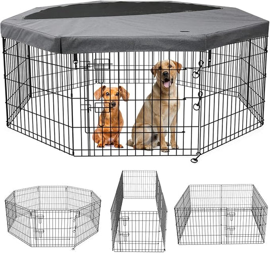 PETIME Foldable Metal Dog Exercise Pen/Pet Puppy Playpen Kennels Yard Fence Indoor/Outdoor 8 Panel 24" W x 24" H with Top Cover (with top Cover, 8 Panels 24" H)