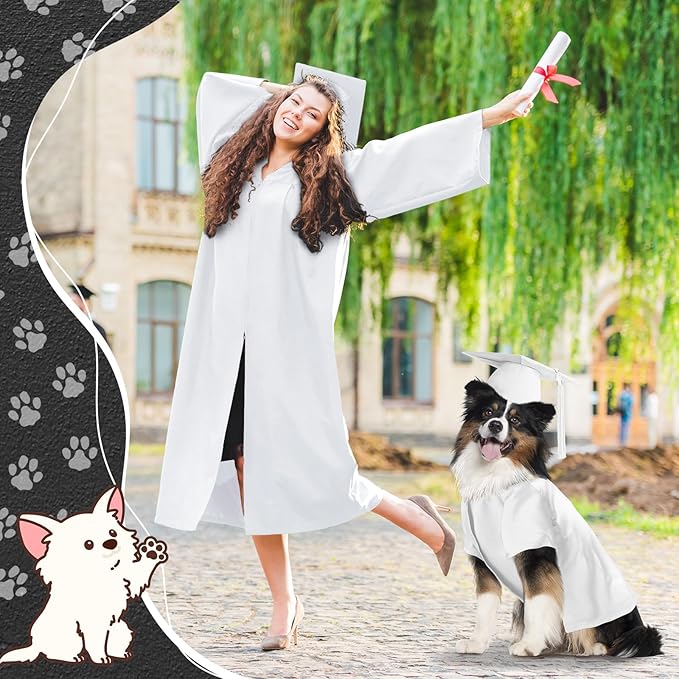Xuniea 2 Pcs Dog Graduation Costume Set 2025 Dog Graduation Cap and Gown Puppy Hat with Tassel Matte Pet Grad Outfit Cats Grad Bear Holiday Party Costume Accessory(White,Large)