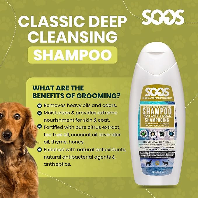 Soos Pet Dog Shampoo Classic Deep Cleansing Pet Shampoo Natural Dead Sea Minerals Fast Absorbing for Dogs and Cats - 1x Shampoo (500ml)