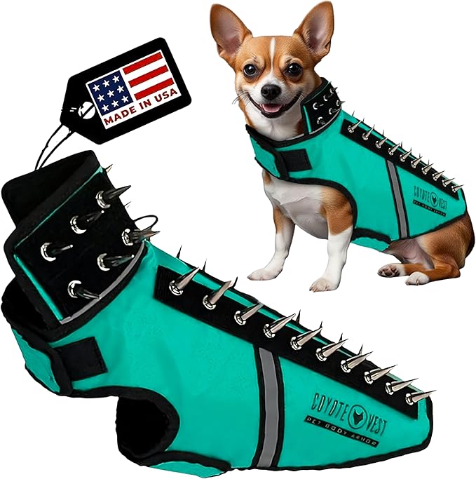 CoyoteVest SpikeVest Dog Harness Vest for Small Dogs, Reflective Dog Vest with Spikes to Shield Your pet from Coyotes, Raptor and Animal Attacks, Anti Hawk Vest, Made in USA (S-Turquoise)