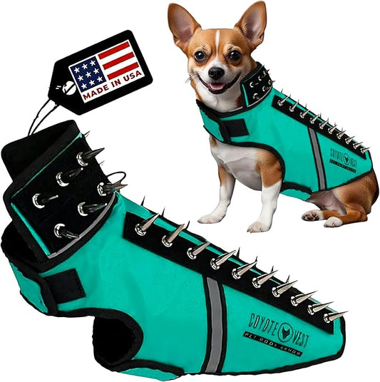 CoyoteVest SpikeVest Dog Harness Vest for Small Dogs, Reflective Dog Vest with Spikes to Shield Your pet from Coyotes, Raptor and Animal Attacks, Anti Hawk Vest, Made in USA (S-Turquoise)