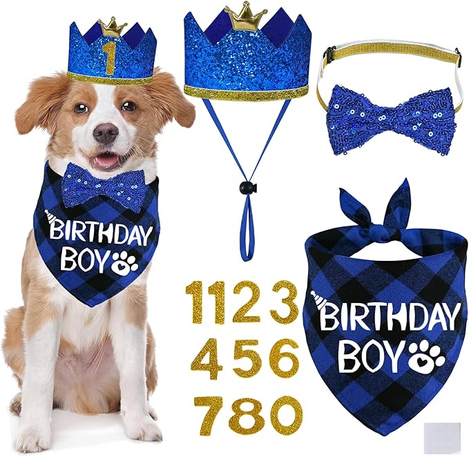 STMK Dog Birthday Party Supplies, Multi Size Dog Birthday Hat with Numbers Bandana Bow Tie for Medium Large Dogs Pets (Blue, Large)