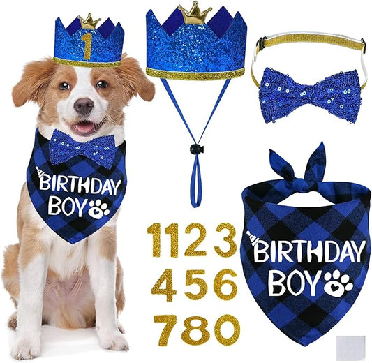 STMK Dog Birthday Party Supplies, Multi Size Dog Birthday Hat with Numbers Bandana Bow Tie for Medium Large Dogs Pets (Blue, Large)