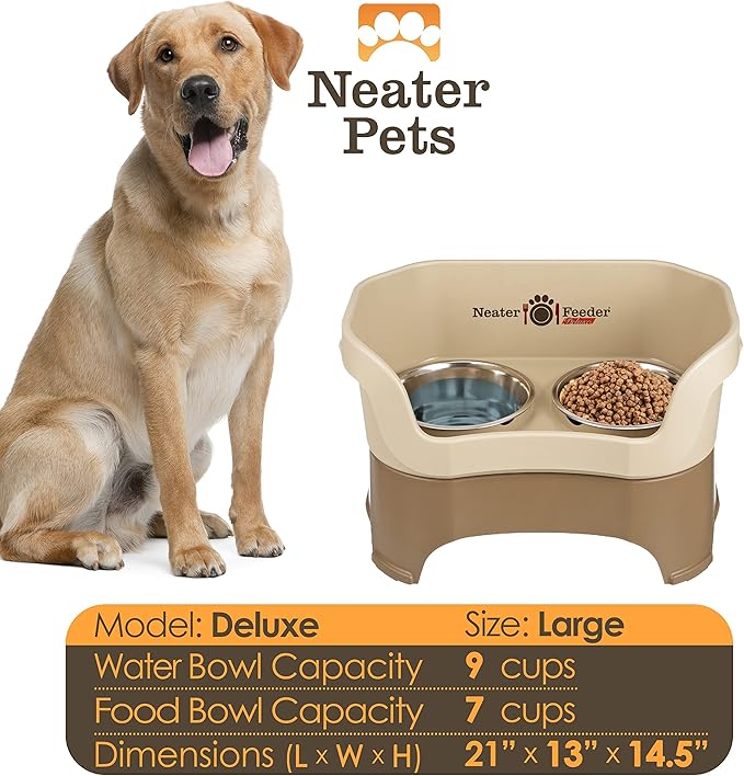 Neater Feeder Deluxe Mess Proof Dog Bowls Elevated for Large Breed – Made in USA – No Spill Raised Dog Food Bowl Stand – Stainless Steel Food and Water Bowl Set, Pet Dish Feeding Station, Cappuccino