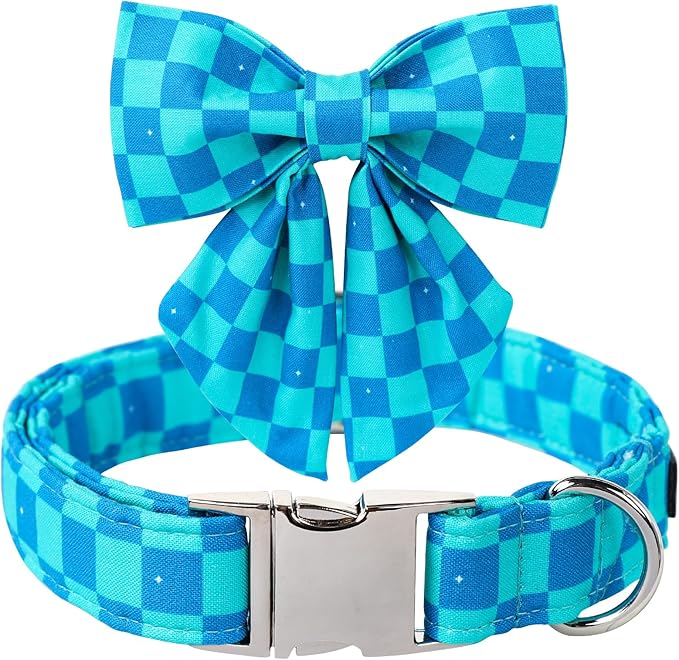 Maca Bates Plaid Blue Dog Collar with Checkered Bow Bowtie for Grid Dogs Bows Tie Adjustable Breakaway Collars Birthday Gift Colar for Small Medium Large XL Girl Boy Male Female Puppy Pets
