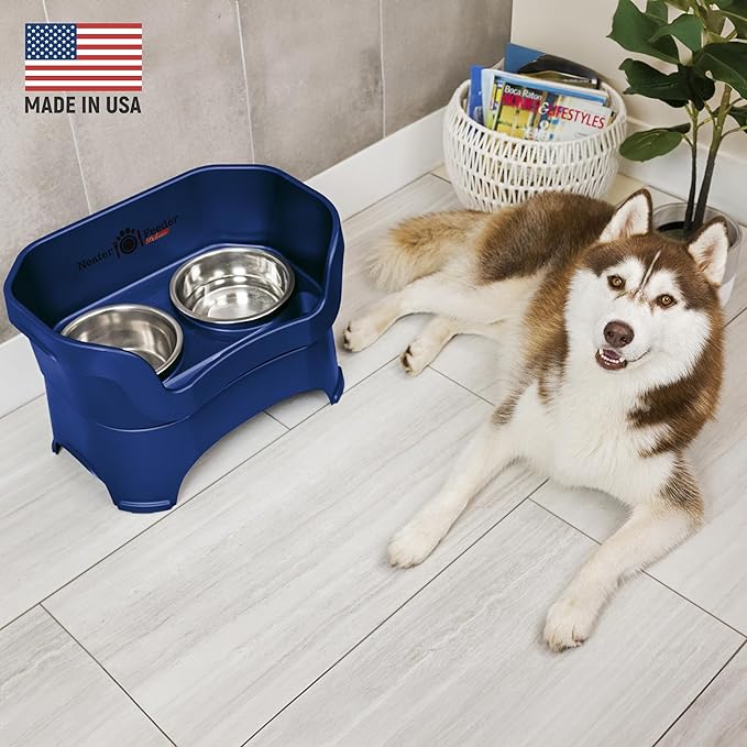 Neater Feeder Deluxe Mess Proof Dog Bowls Elevated for Large Breed – Made in USA – No Spill Raised Dog Food Bowl Stand – Stainless Steel Food and Water Bowl Set, Pet Dish Feeding Station, Dark Blue