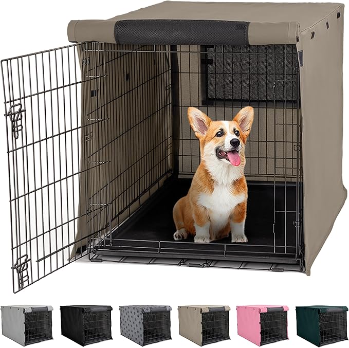 GORILLA GRIP Dog Crate Covers Compatible with Amazon Basics Dog Crates, All Sides Open, Privacy Cover Fits 30" Wire Kennel, Breathable Mesh Windows, Light Reducing Puppy Training Cage Topper, Taupe