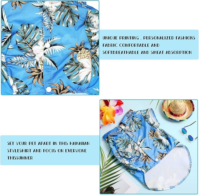 3 Pieces Pet Dog Hawaiian Costume, Includes Puppy Cool T-Shirts Summer Clothes, Funny Cute Dog Retro Fashion Sunglasses and a Colorful Wreath for Small to Medium pet(Blue Series)