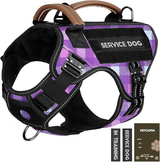 Service Dog Vest - HEYCAHVA Tactical Dog Harness Full Metal Buckles Dog Vest for Large Medium Dog Reflective No Pull Dog Harnesses with Leather Handle, Hook & Loop for Hiking Training (Purple, XL)