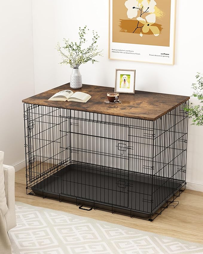 Piskyet Dog Crate Topper Wood Countertop for 48 42 36 30 24 inch Dog Cage, Dog Crate Cover,Dog Kennel Topper(Crate Not Include) (Rustic Brown, for 42 Inch Crate)
